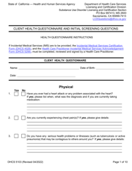 Form DHCS5103 Client Health Questionnaire and Initial Screening Questions - California