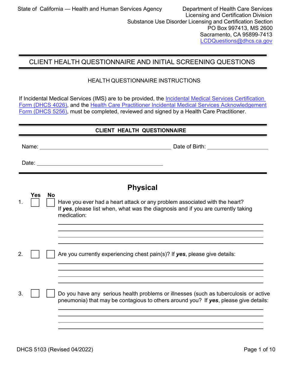 Form DHCS5103 Client Health Questionnaire and Initial Screening Questions - California, Page 1