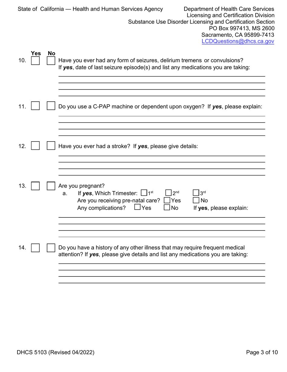 Form DHCS5103 Client Health Questionnaire and Initial Screening Questions - California, Page 3
