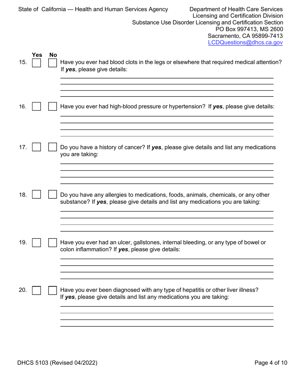 Form DHCS5103 Client Health Questionnaire and Initial Screening Questions - California, Page 4