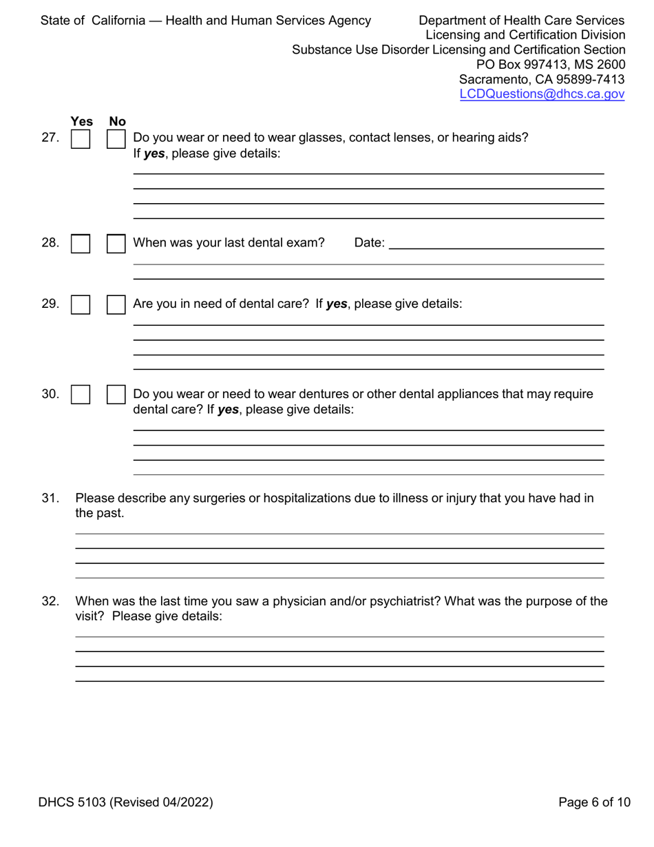 Form DHCS5103 Client Health Questionnaire and Initial Screening Questions - California, Page 6