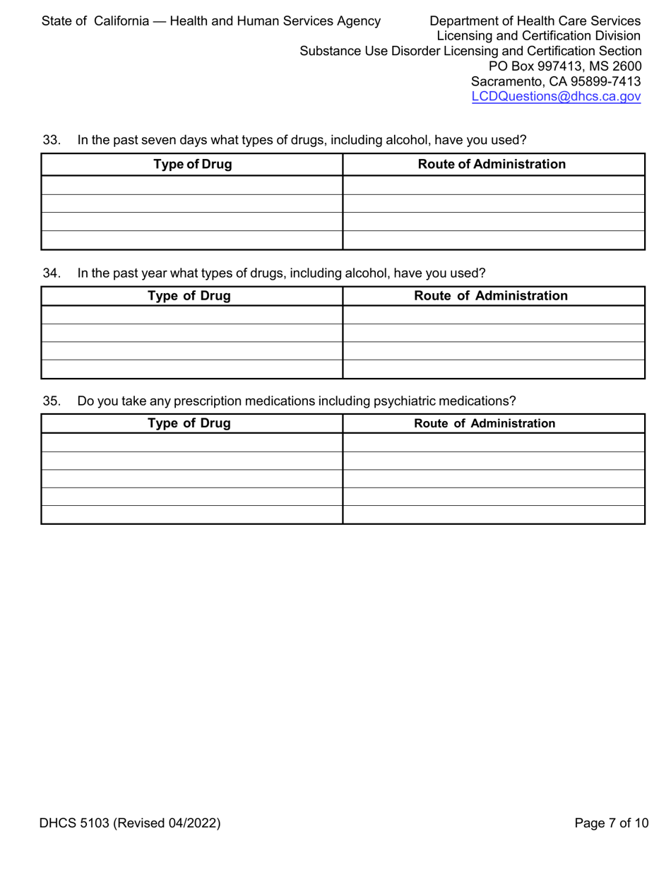 Form DHCS5103 Client Health Questionnaire and Initial Screening Questions - California, Page 7