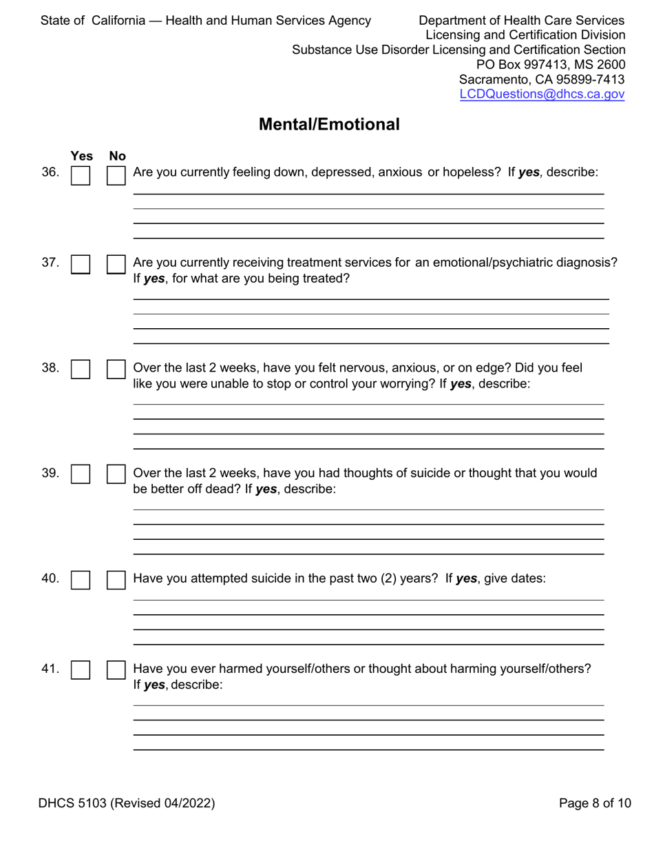 Form DHCS5103 Client Health Questionnaire and Initial Screening Questions - California, Page 8