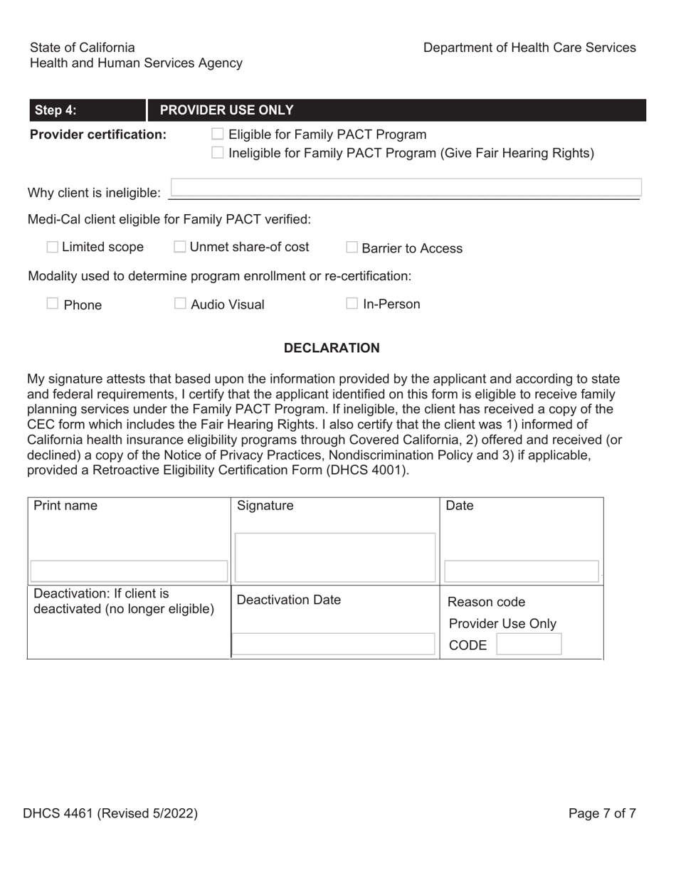Form DHCS4461 Health Access Program Family Pact Program Client Eligibility Certification - California, Page 7