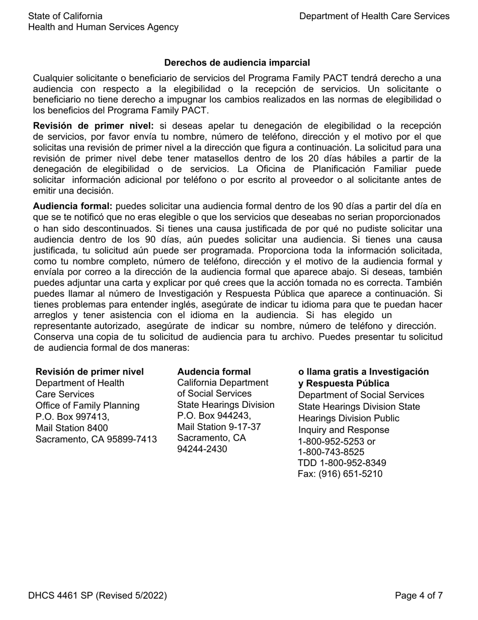 Formulario DHCS4461 SP Programa De Acceso a La Salud Para El Programa Family Pact Certificacion De Elegibilidad Del Cliente - California (Spanish), Page 4