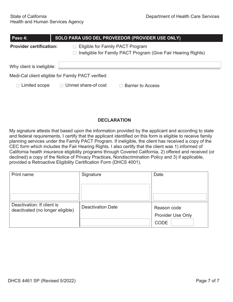 Formulario DHCS4461 SP Programa De Acceso a La Salud Para El Programa Family Pact Certificacion De Elegibilidad Del Cliente - California (Spanish), Page 7