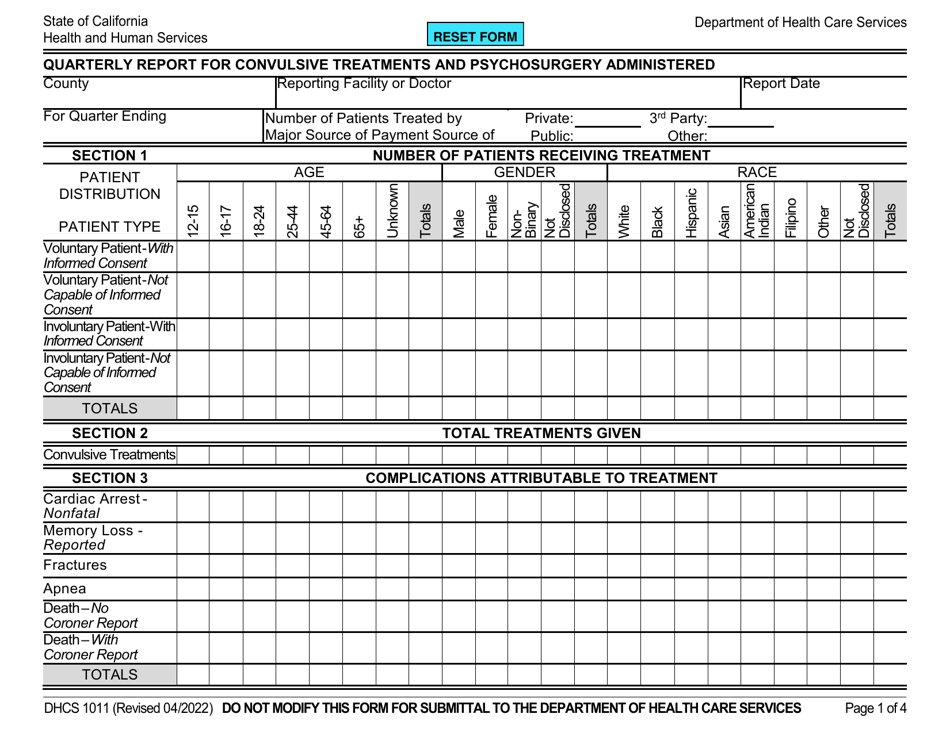 Form DHCS1011 Quarterly Report for Convulsive Treatments and Psychosurgery Administered - California, Page 1