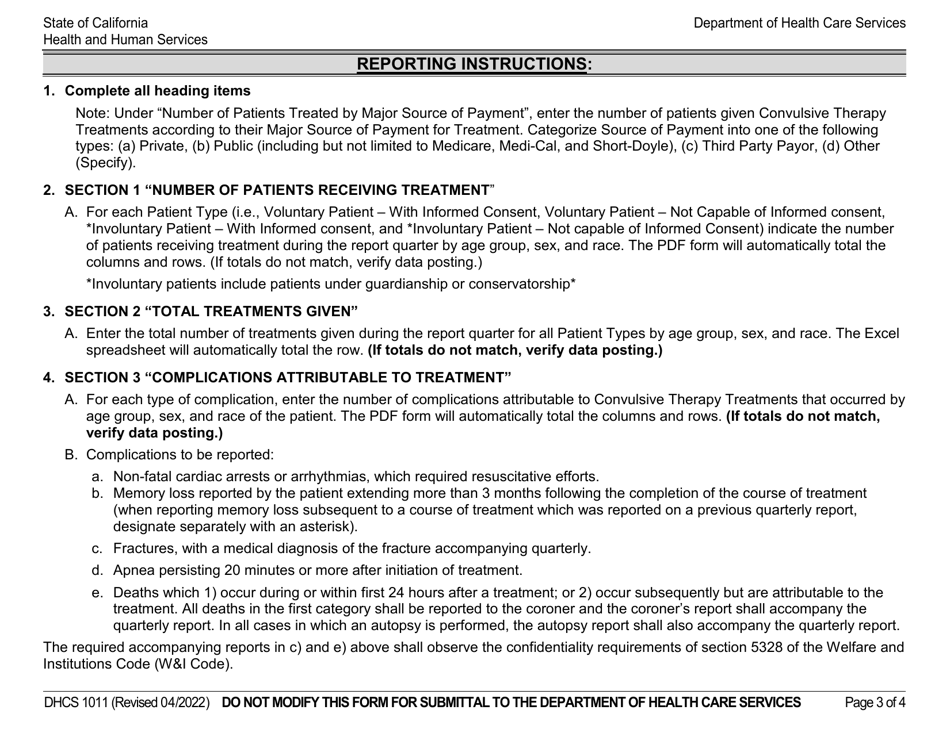 Form DHCS1011 Quarterly Report for Convulsive Treatments and Psychosurgery Administered - California, Page 3
