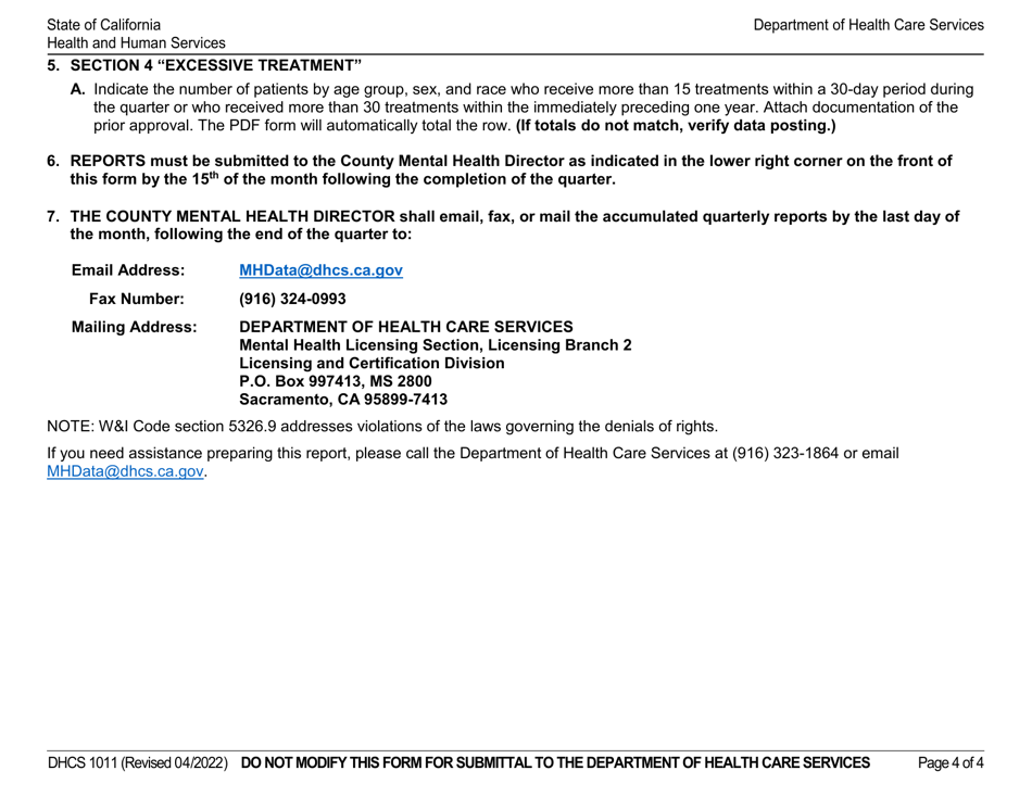 Form DHCS1011 Quarterly Report for Convulsive Treatments and Psychosurgery Administered - California, Page 4