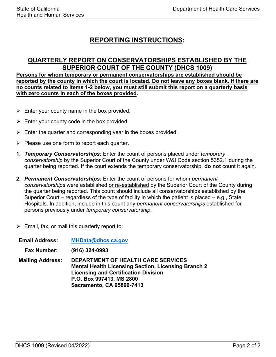 Form DHCS1009 Quarterly Report of Conservatorships Established by the Superior Court of the County - California, Page 2