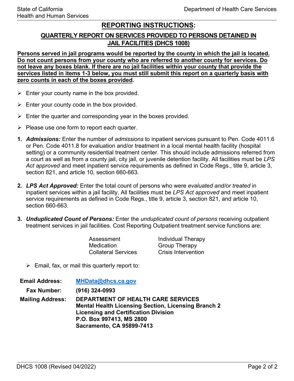 Form DHCS1008 Quarterly Report on Services Provided to Persons Detained in Jail Facilities - California, Page 2
