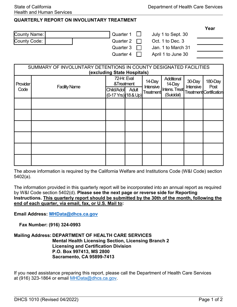 Form DHCS1010 Download Fillable PDF or Fill Online Quarterly Report on