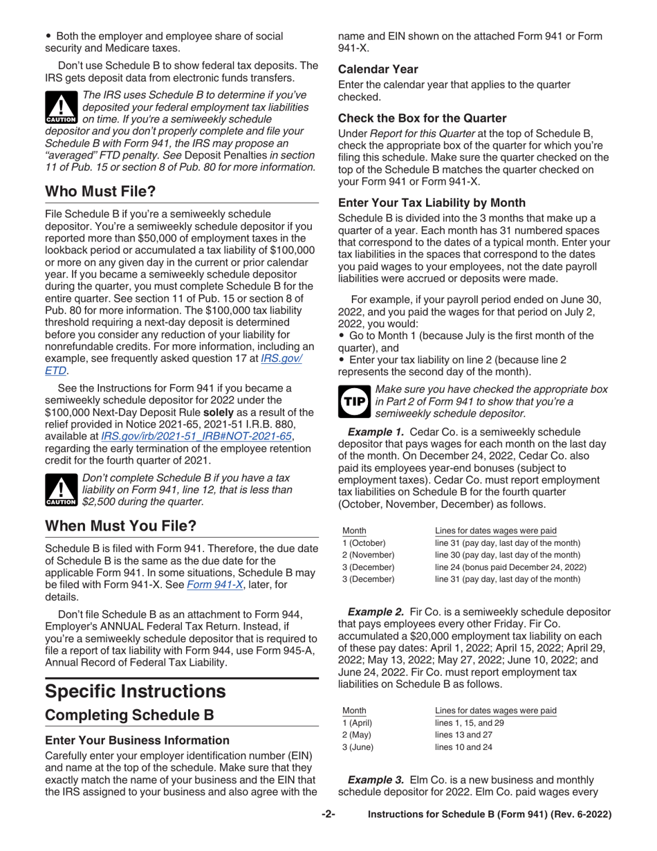 Instructions for IRS Form 941 Schedule B Report of Tax Liability for Semiweekly Schedule Depositors, Page 2