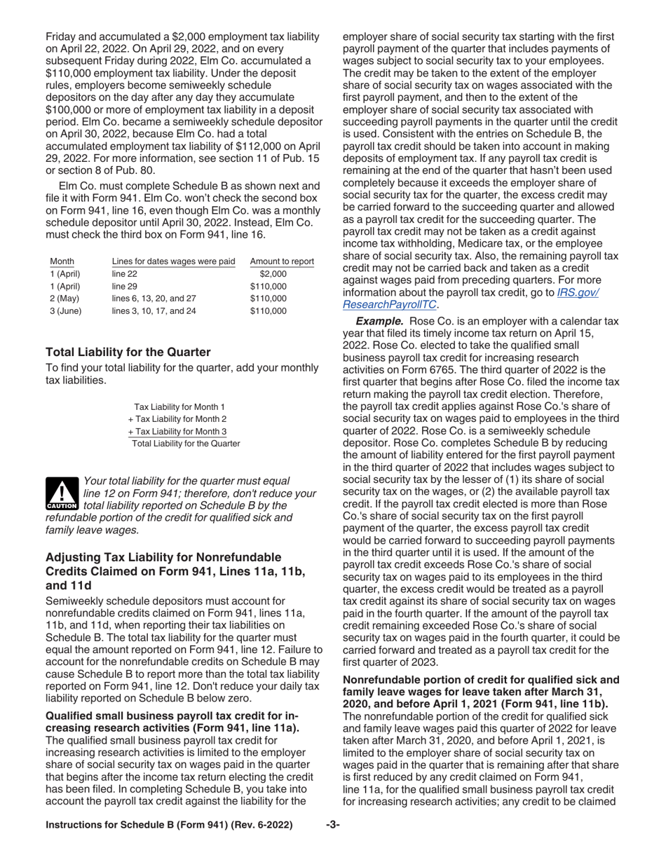 Instructions for IRS Form 941 Schedule B Report of Tax Liability for Semiweekly Schedule Depositors, Page 3