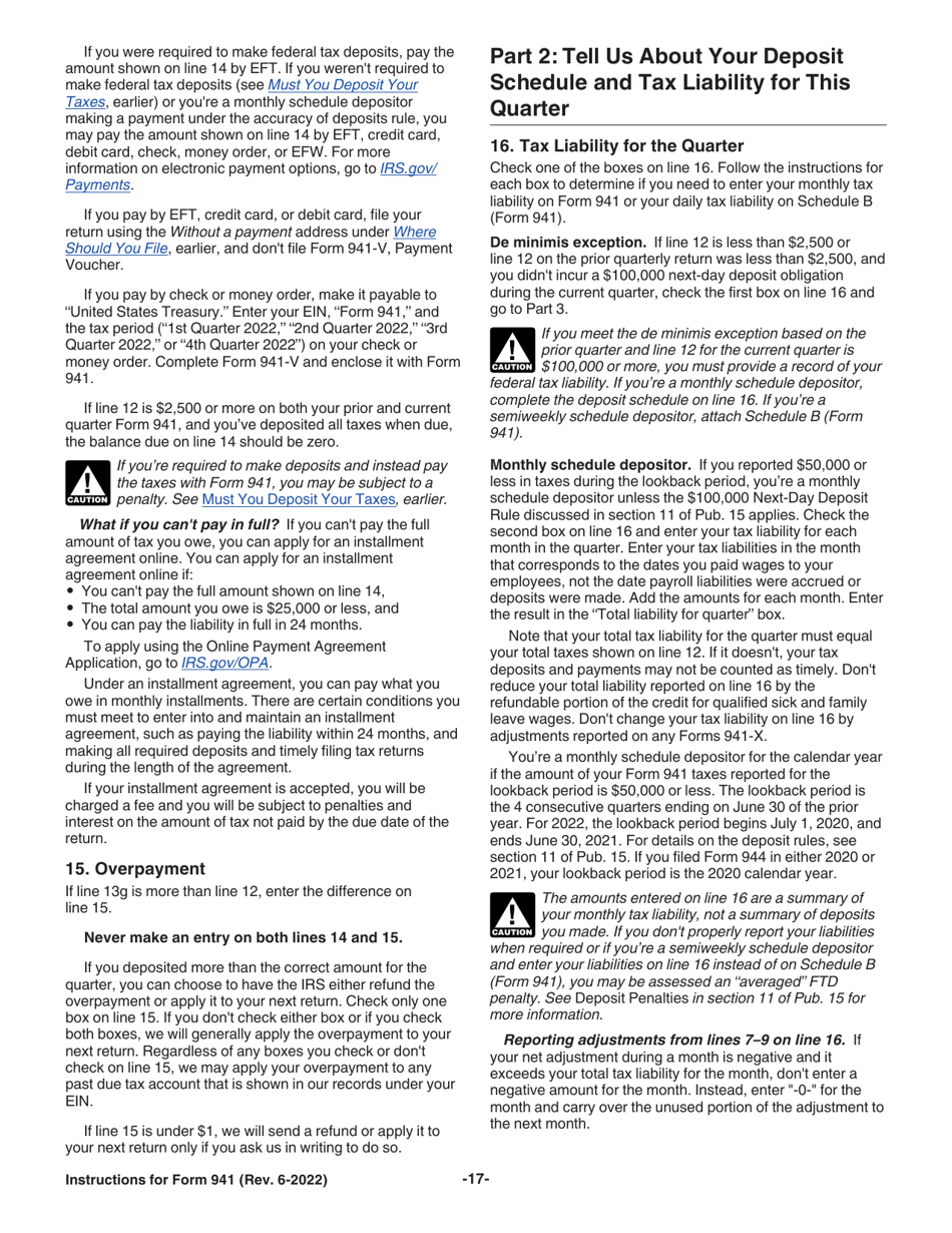 Instructions for IRS Form 941 Employers Quarterly Federal Tax Return, Page 17