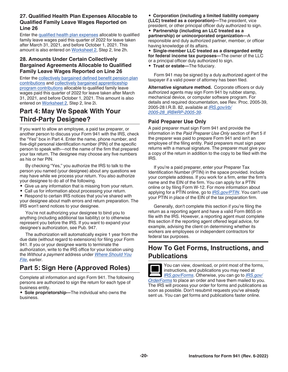 Instructions for IRS Form 941 Employers Quarterly Federal Tax Return, Page 20