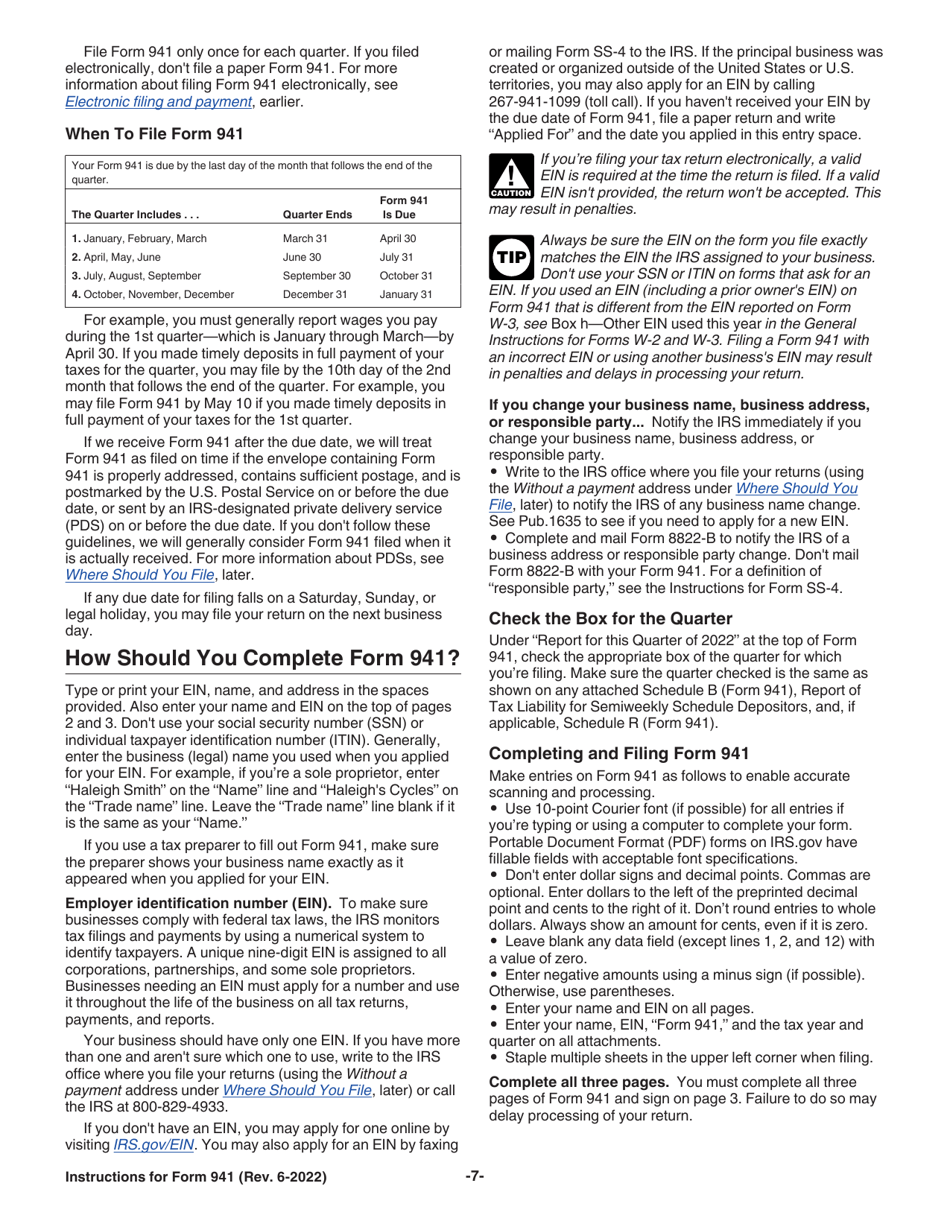 Instructions for IRS Form 941 Employers Quarterly Federal Tax Return, Page 7