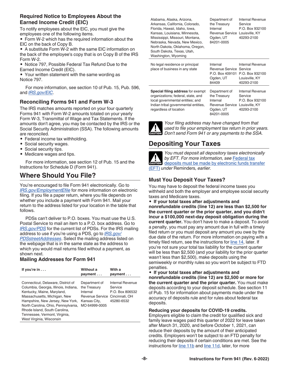 Instructions for IRS Form 941 Employers Quarterly Federal Tax Return, Page 8