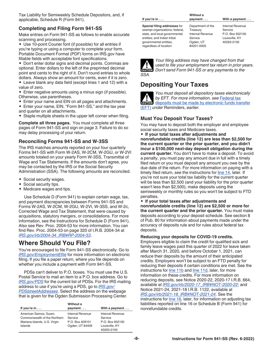 Instructions for IRS Form 941-SS Employers Quarterly Federal Tax Return - American Samoa, Guam, the Commonwealth of the Northern Mariana Islands, and the U.S. Virgin Islands, Page 8
