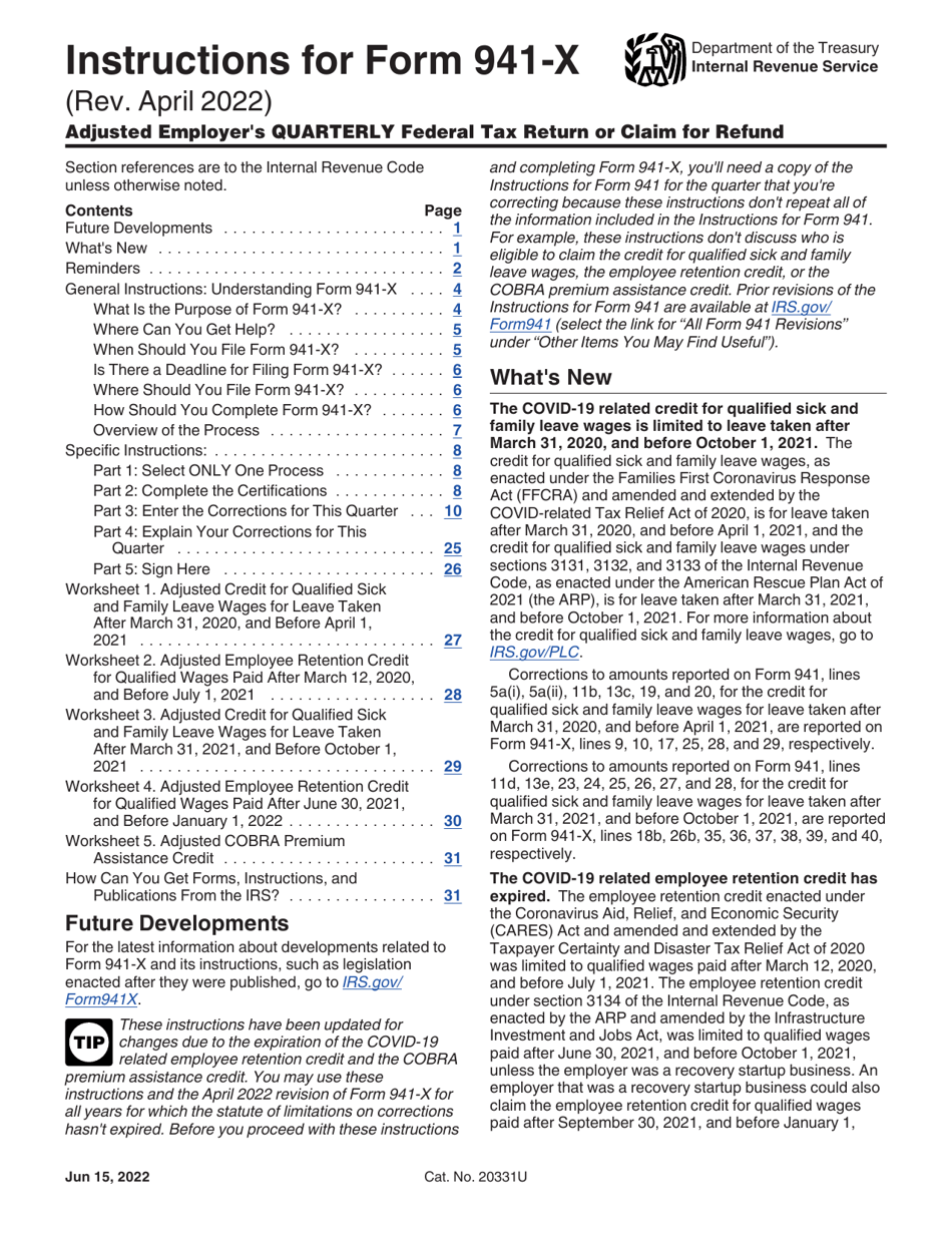 Download Instructions for IRS Form 941X Adjusted Employer's Quarterly