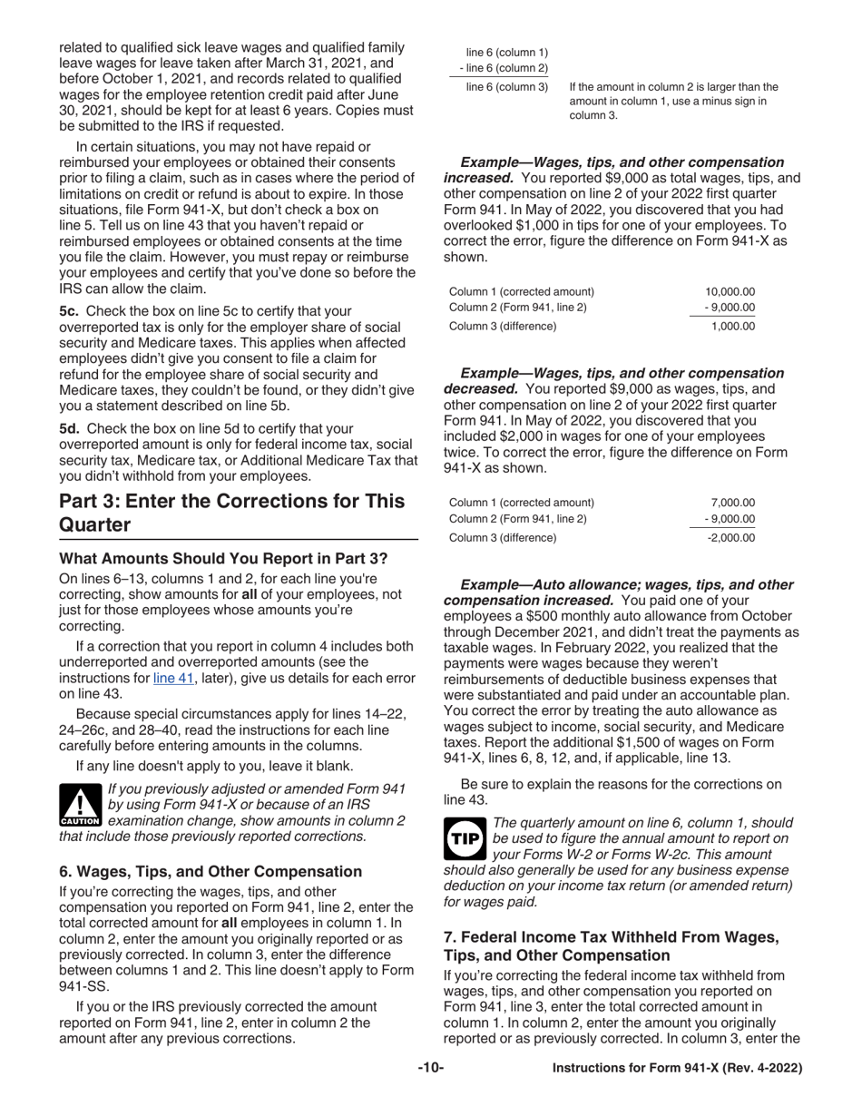 Instructions for IRS Form 941-X Adjusted Employers Quarterly Federal Tax Return or Claim for Refund, Page 10