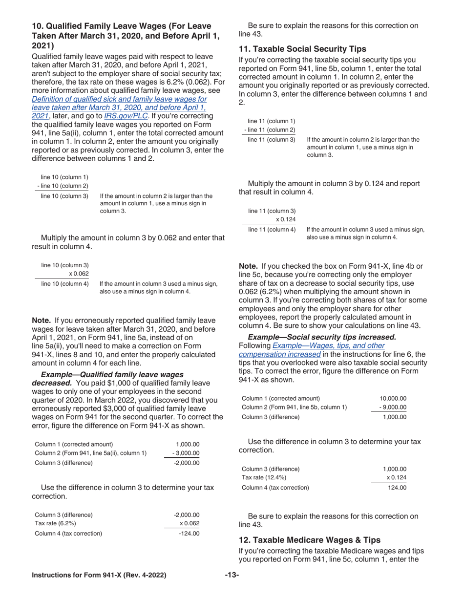 Instructions for IRS Form 941-X Adjusted Employers Quarterly Federal Tax Return or Claim for Refund, Page 13