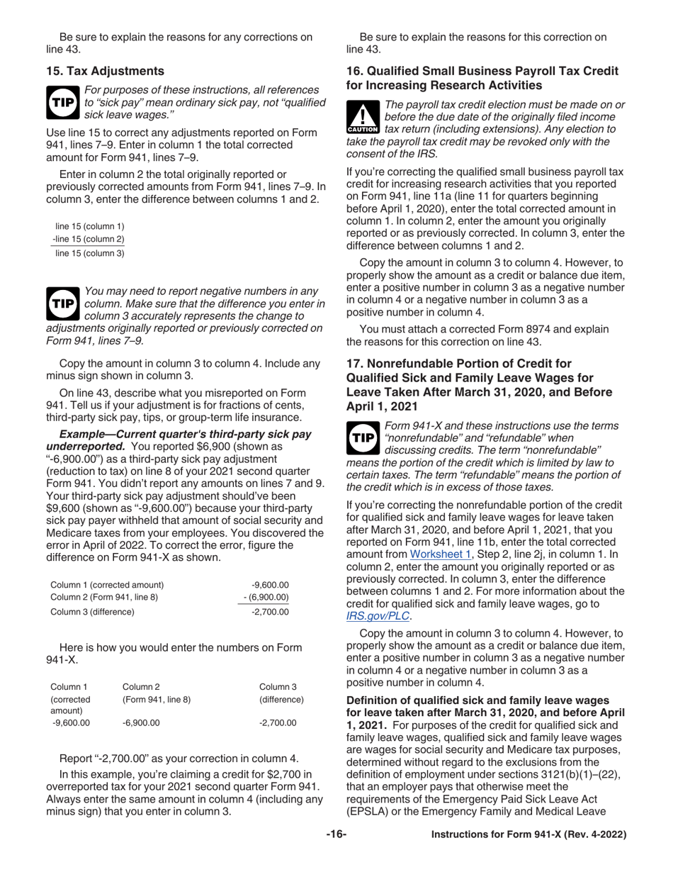 Instructions for IRS Form 941-X Adjusted Employers Quarterly Federal Tax Return or Claim for Refund, Page 16