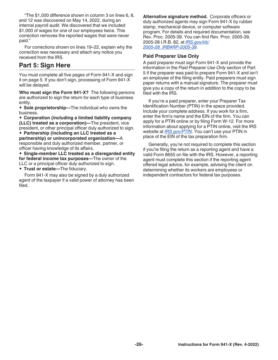 Instructions for IRS Form 941-X Adjusted Employers Quarterly Federal Tax Return or Claim for Refund, Page 26
