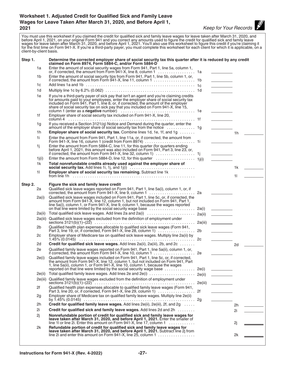 Instructions for IRS Form 941-X Adjusted Employers Quarterly Federal Tax Return or Claim for Refund, Page 27