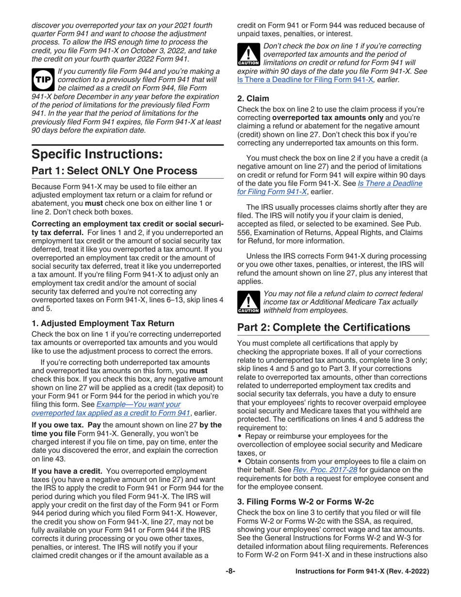 Download Instructions for IRS Form 941X Adjusted Employer's Quarterly