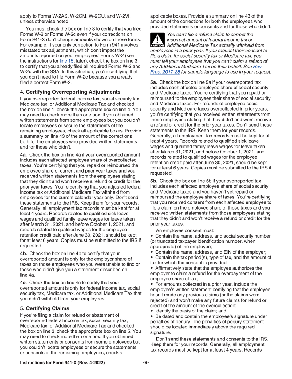 Instructions for IRS Form 941-X Adjusted Employers Quarterly Federal Tax Return or Claim for Refund, Page 9
