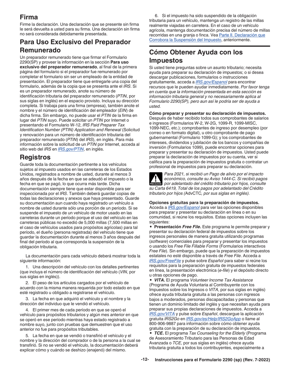 Instrucciones para IRS Formulario 2290 (SP) Declaracion Del Impuesto Sobre El Uso De Vehiculos Pesados En Las Carreteras (Spanish), Page 14