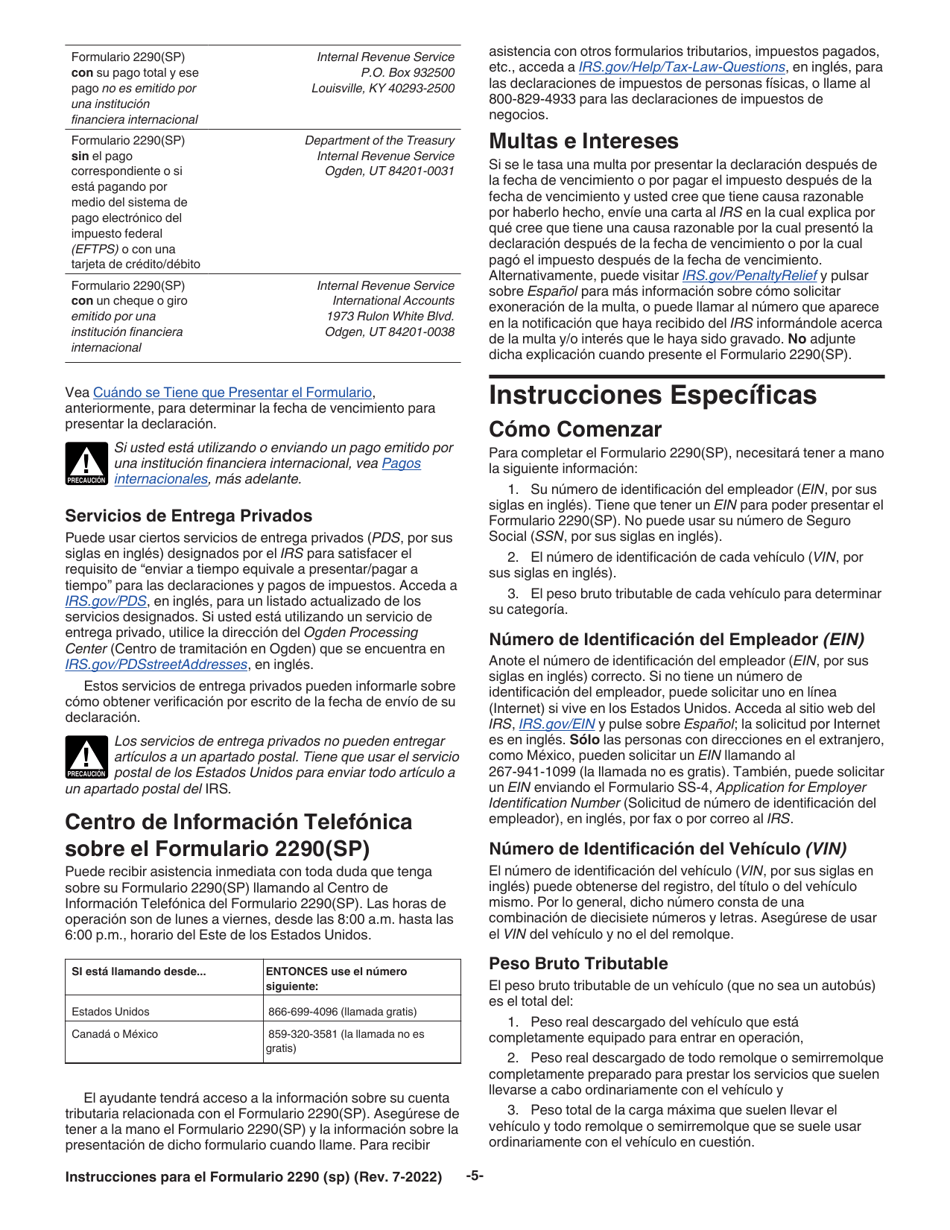 Instrucciones para IRS Formulario 2290 (SP) Declaracion Del Impuesto Sobre El Uso De Vehiculos Pesados En Las Carreteras (Spanish), Page 7