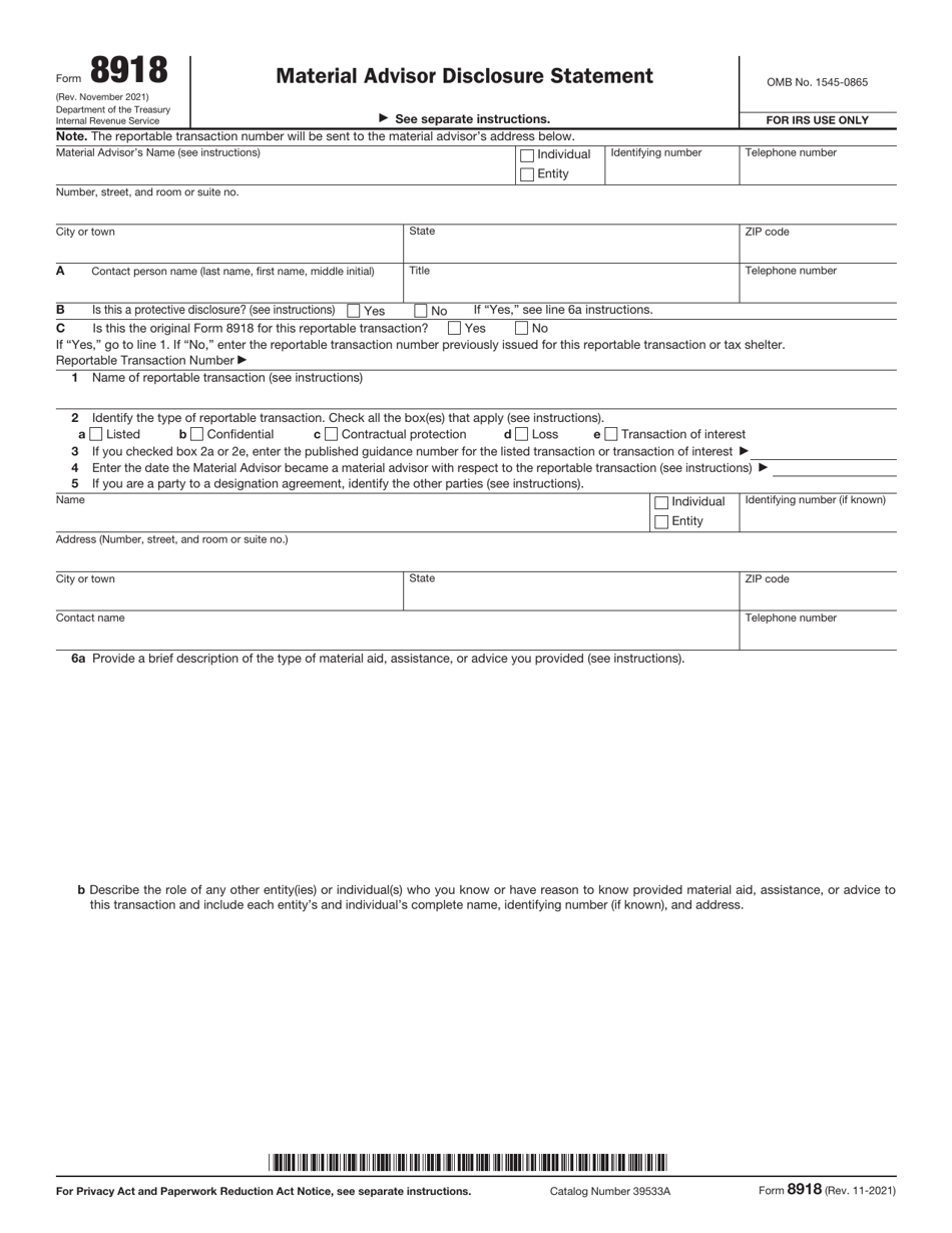 IRS Form 8918 Download Fillable PDF or Fill Online Material Advisor ...