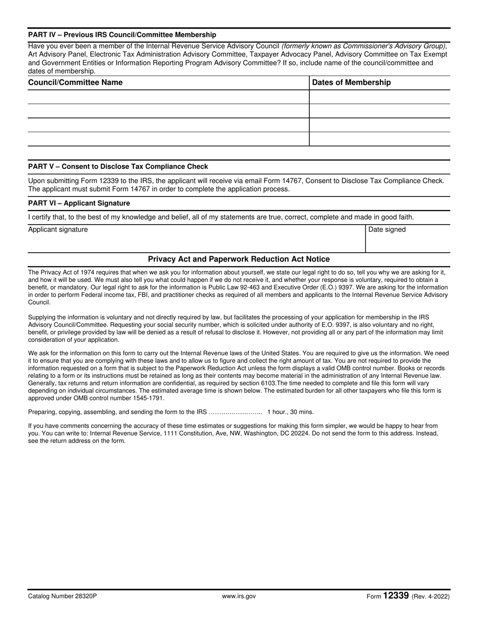 IRS Form 12339 Internal Revenue Service Advisory Council Membership Application, Page 2