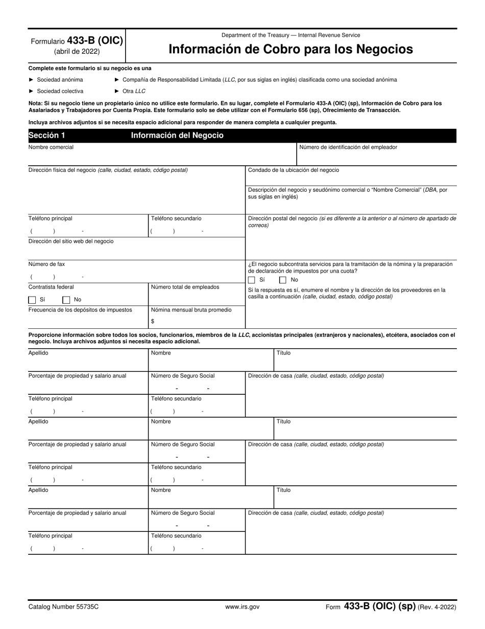 IRS Formulario 433-B (OIC) Informacion De Cobro Para Los Negocios (Spanish), Page 1