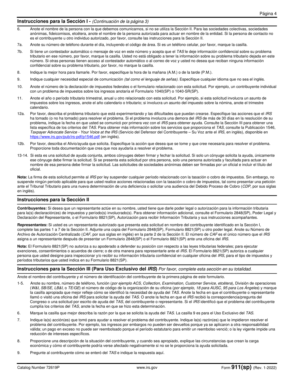 IRS Formulario 911 Solicitud De Ayuda Del Servicio Del Defensor Del Contribuyente (Y Solicitud De La Orden De Asistencia Al Contribuyente) (Spanish), Page 4