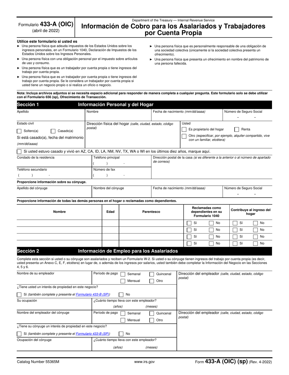 IRS Formulario 433-A (OIC) Informacion De Cobro Para Los Asalariados Y Trabajadores Por Cuenta Propia (Spanish), Page 1