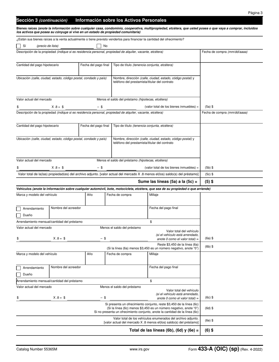 IRS Formulario 433-A (OIC) Informacion De Cobro Para Los Asalariados Y Trabajadores Por Cuenta Propia (Spanish), Page 3