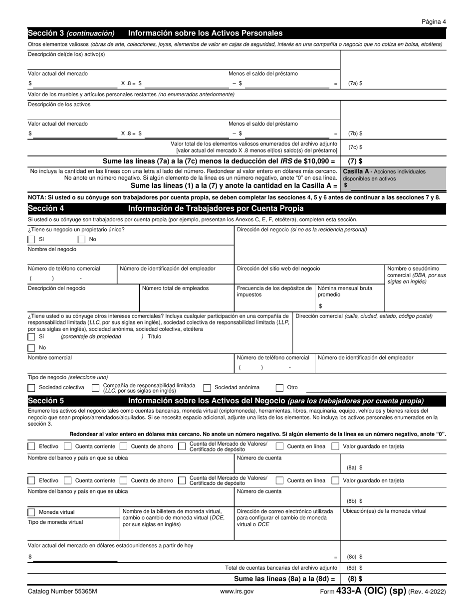 IRS Formulario 433-A (OIC) Informacion De Cobro Para Los Asalariados Y Trabajadores Por Cuenta Propia (Spanish), Page 4