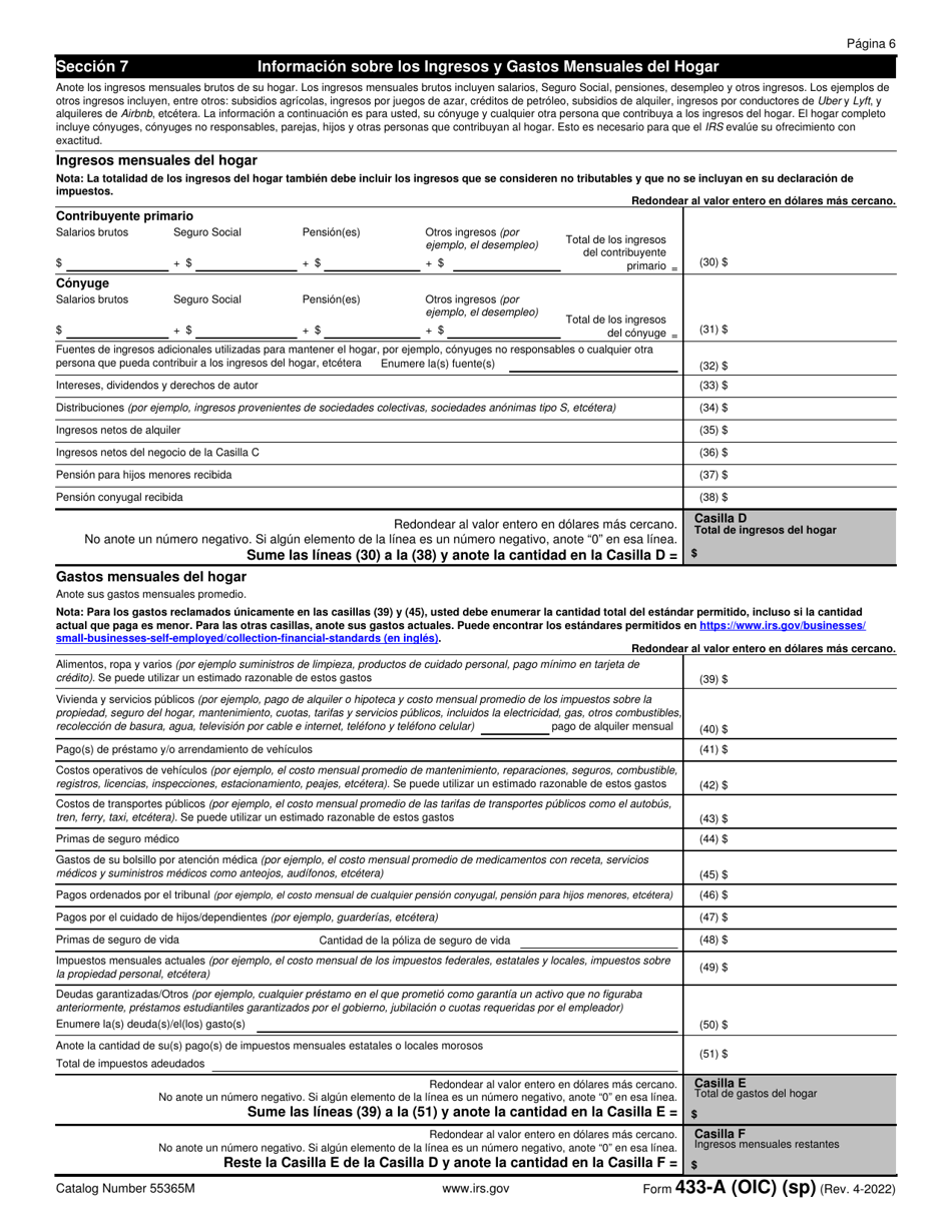 IRS Formulario 433-A (OIC) Informacion De Cobro Para Los Asalariados Y Trabajadores Por Cuenta Propia (Spanish), Page 6
