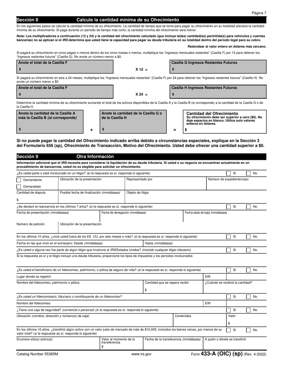 IRS Formulario 433-A (OIC) Informacion De Cobro Para Los Asalariados Y Trabajadores Por Cuenta Propia (Spanish), Page 7