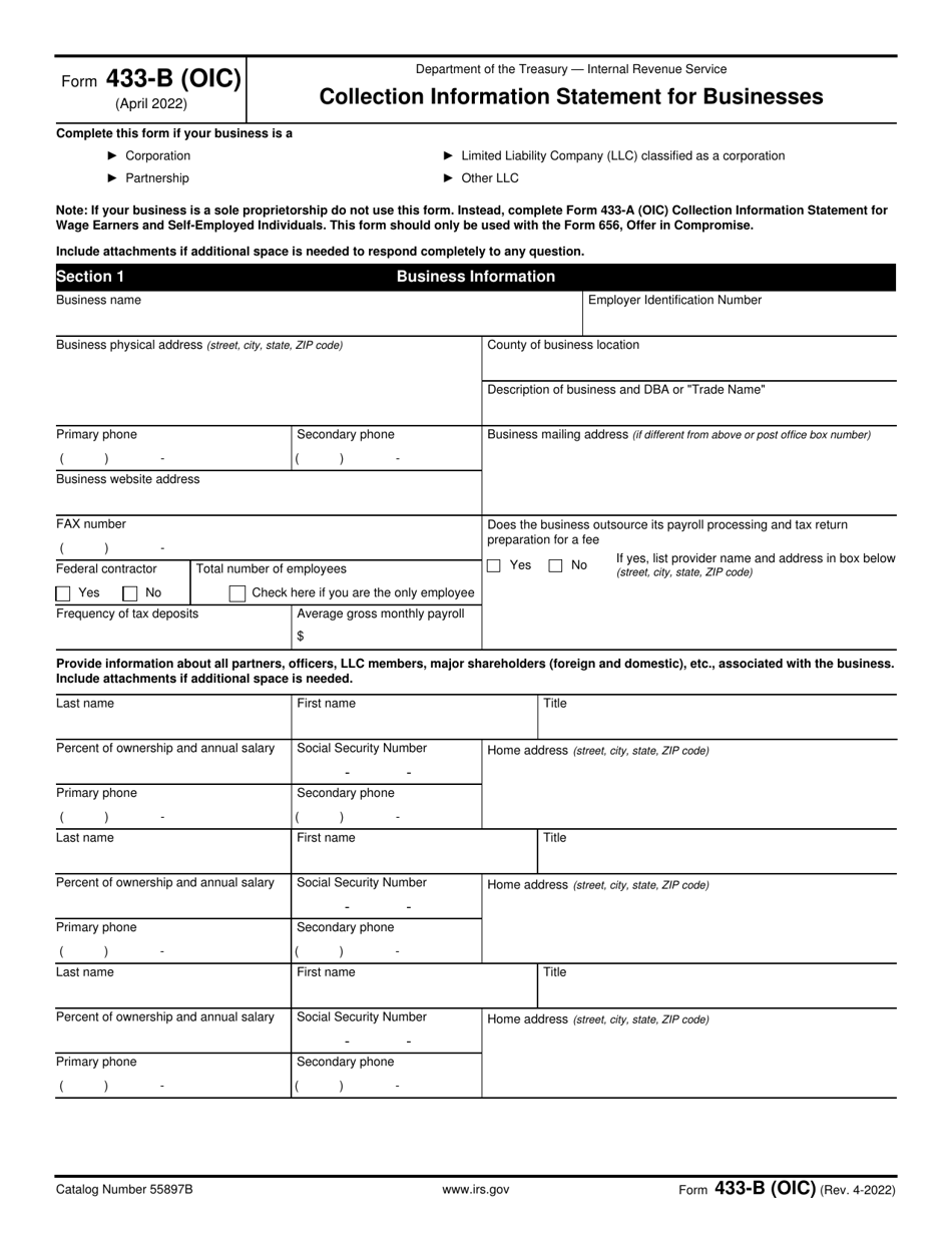IRS Form 433-B (OIC) Collection Information Statement for Businesses, Page 1