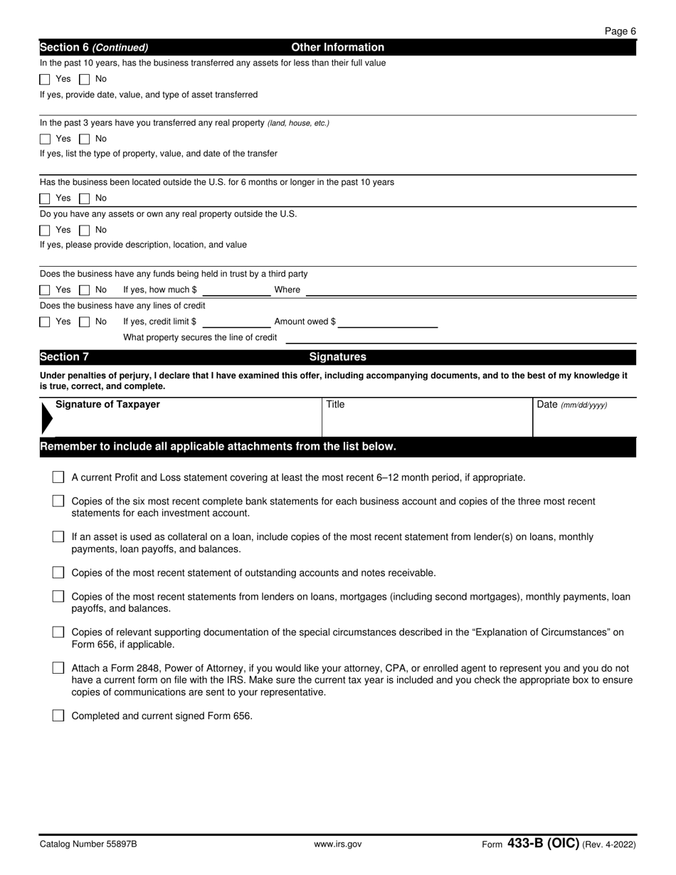 IRS Form 433-B (OIC) Collection Information Statement for Businesses, Page 6