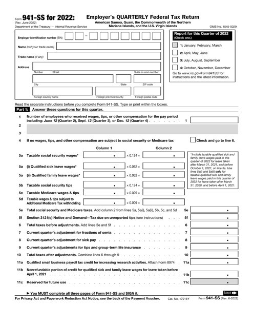 IRS Form 941-SS Employer's Quarterly Federal Tax Return, 2022
