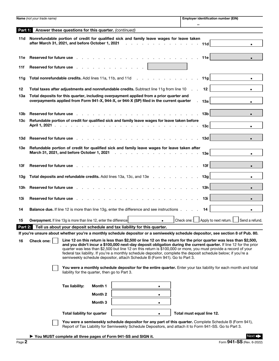 IRS Form 941-SS Download Fillable PDF or Fill Online Employer's ...