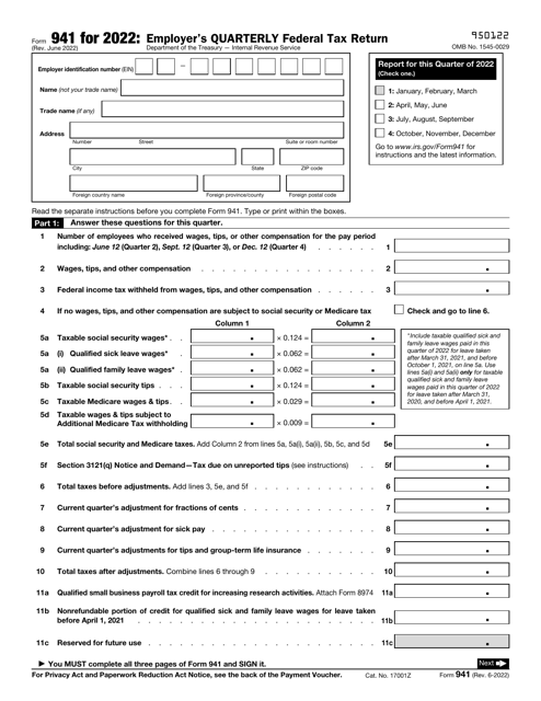 IRS Form 941 2022 Printable Pdf