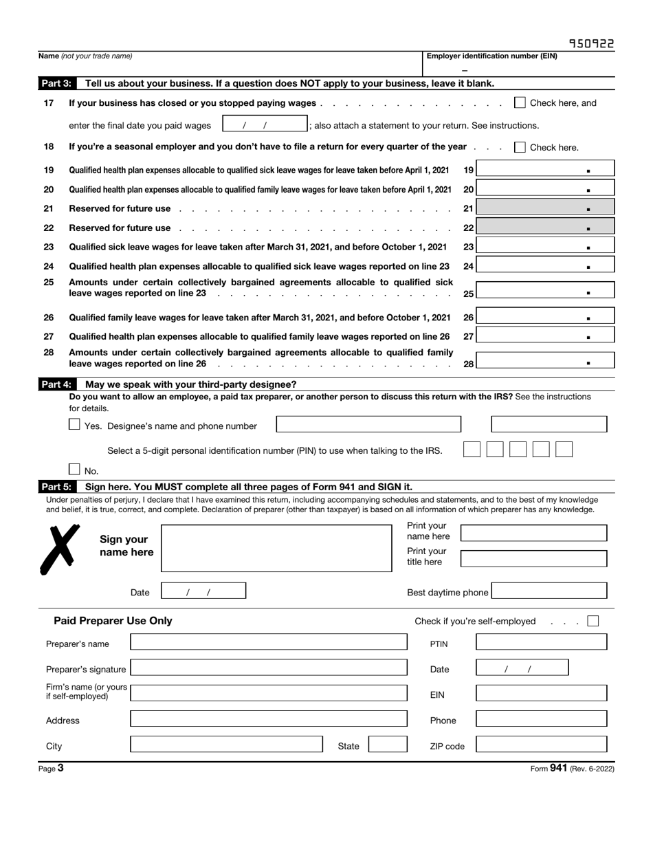 IRS Form 941 Download Fillable PDF or Fill Online Employer's Quarterly ...