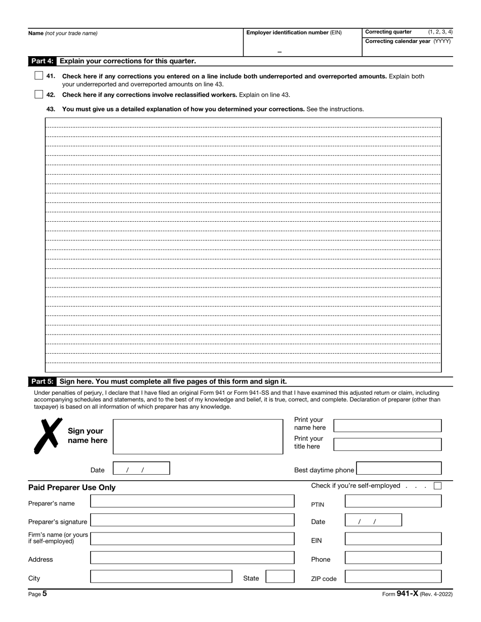 IRS Form 941-X Adjusted Employers Quarterly Federal Tax Return or Claim for Refund, Page 5