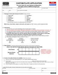 Form 735-205 Custom Plate Application - Oregon